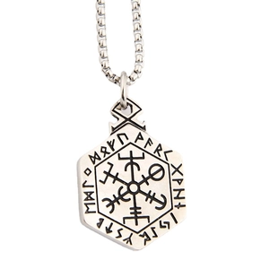 Silver Viking compass pendant necklace with Vegvisir runes on hex stainless steel charm