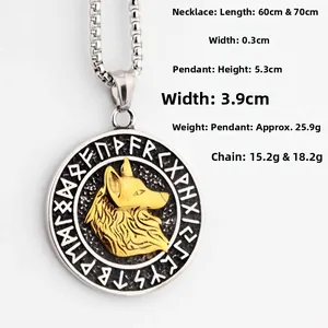 Détails du pendentif loup viking avec texte runique et dimensions du produit