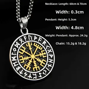 Detailed side view of Viking Vegvisir compass pendant with golden runes on box chain necklace
