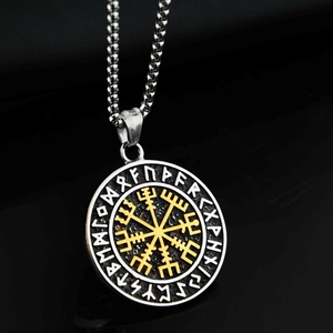 Vintage Viking Vegvisir compass pendant necklace in two-tone stainless steel for men and women