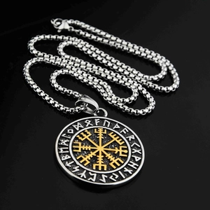 Vintage Viking compass shield pendant necklace in two-tone stainless steel with rune circle