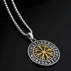 Vintage Viking Vegvisir Compass Rune Totem Pendant Necklace Titanium Steel Two Tone Gold Silver Plated Hip Hop Jewelry For Unisex