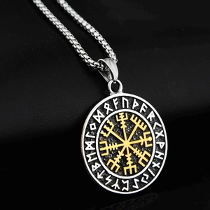 Viking Vegvisir compass pendant necklace in gold and silver steel with rune circle