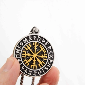 Viking Vegvisir compass pendant necklace in two-tone stainless steel with rune circle
