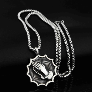 Silver steel prayer hands pendant necklace with box chain for men on black leather