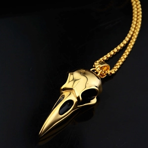 Collier avec pendentif crâne de corbeau doré et chaîne à billes pour homme et femme