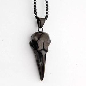 Collier hip-hop avec pendentif tête de corbeau en acier inoxydable noir pour hommes et femmes