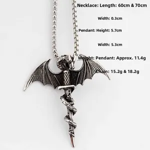 Detail showing dimensions of vintage silver dragon and sword pendant with steel chain