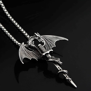 Silver dragon wrapped around sword pendant on box chain with dark mirror reflection