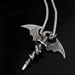 Gothic dragon around cross sword pendant in retro silver steel on black background