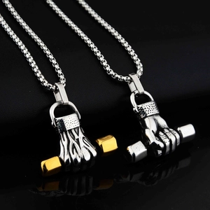 Titanium Steel Dumbbell Hand Pendant Necklace Hip Hop Fitness Jewelry Power Fist Gym Pendant For Men Women Versatile Chain
