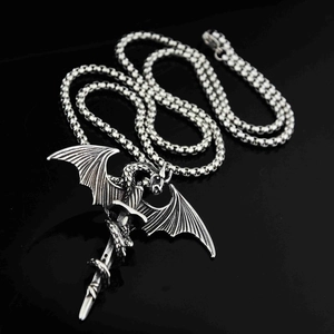 Gothic dragon and sword pendant necklace in vintage silver finish with durable chain