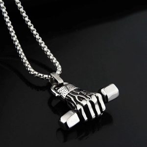 Barbell pendant necklace in silver stainless steel for fitness lovers with box chain