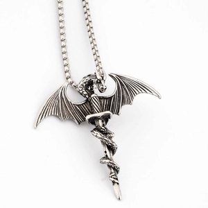 Silver dragon sword pendant necklace in stainless steel with a sturdy box chain design