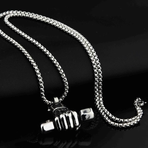 Close-up of a silver barbell pendant with hand grip and durable steel box chain