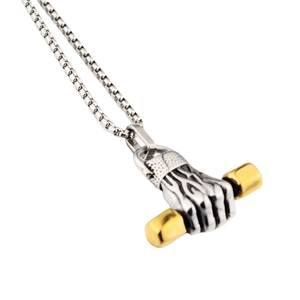 Hip hop barbell pendant necklace featuring a silver fist holding a golden dumbbell