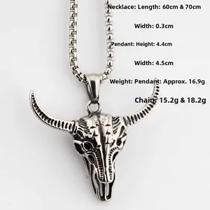 Pendentif tête de taureau 4,4x4,5cm et dimensions de la chaîne en acier inoxydable