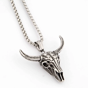 Pendentif tête de taureau style punk en argent vieilli avec chaîne en acier inoxydable