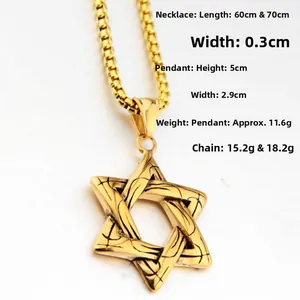 Détails du collier hexagramme doré montrant les dimensions du pendentif et de la chaîne