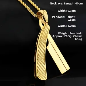 Detailed size view of a gold razor blade pendant necklace with dimensions on black leather