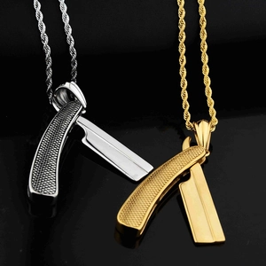 Retro straight razor folding pendant necklace in gold and silver titanium steel