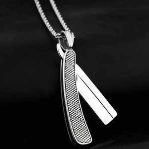 Hip hop folding razor blade pendant necklace in polished stainless steel for men