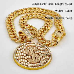 Close-up of hip hop gold Cuban link chain with $ pendant, size 45cm long and 1.2cm wide