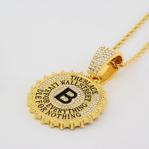 Hip hop bottle cap necklace with iced out crystals and gold B pendant on rope chain