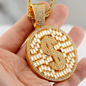 Hip-hop gold dollar sign pendant necklace with iced out cubic zirconia stones