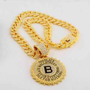 Hip hop gold plated Cuban link necklace with iced out crystal B letter round pendant