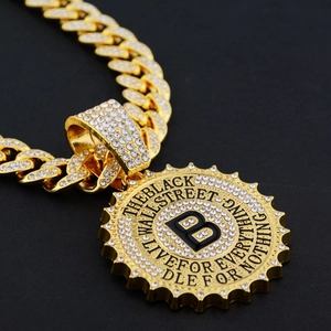 Hip Hop Iced Out B Letter Pendant Necklace Alloy Rhinestone Round Medallion Cuban Rope Chain For Men Women Streetwear