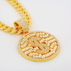 Gold hip-hop cuban chain necklace with round dollar sign pendant and pavé rhinestones