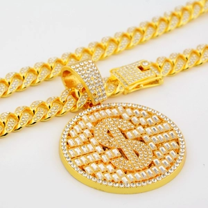 Hip hop gold Cuban chain necklace with iced out dollar sign medallion pendant
