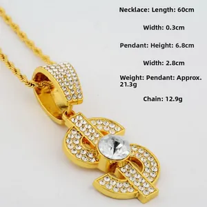 Detail view of iced out dollar sign pendant and twist chain with weight specifications