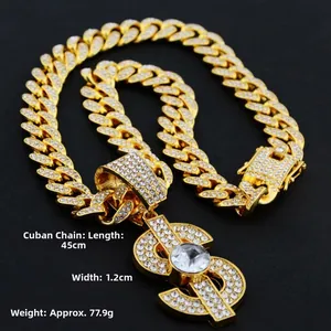 Macro shot of 45cm gold Cuban chain with iced-out dollar pendant and white rhinestones