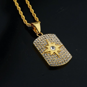 Hip-Hop Goldkette mit kristallbesetztem Hundemarken-Anhänger und achteckigem Stern