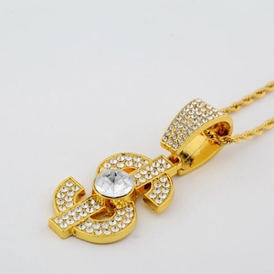 Hip hop style gold dollar sign pendant necklace with iced-out crystals for men and women