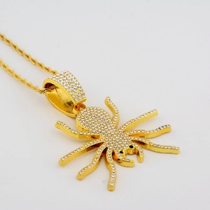 Collier Pendentif Araignée Hip Hop Iced Out Alliage Plaqué Or Plein Strass Chaîne Cubaine Corde Bijoux Gothiques Hommes Femmes