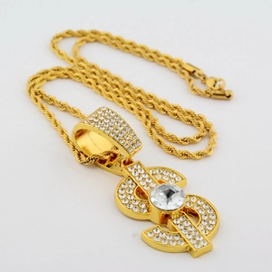 Iced out gold dollar sign pendant with sparkling rhinestones on a classic rope chain