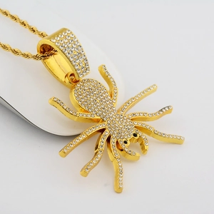 Pendentif araignée hip hop avec cristaux blancs et chaîne en or pour hommes et femmes