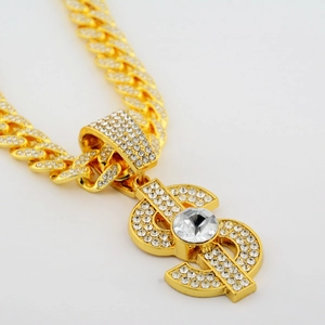 Gold hip hop cuban link chain necklace with iced-out dollar sign pendant and rhinestones