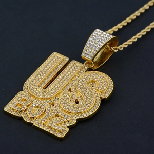 Hip-Hop gold US BOSS pendant necklace with micro-pave crystals and twisted rope chain