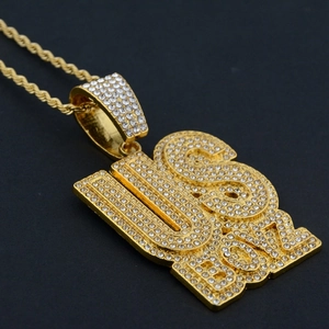 Luxury Iced Out US Letter Pendant Necklace Alloy Gold Plated Shiny Rhinestone Cuban Rope Chain Hip Hop Jewelry For Men Women Daily Decor