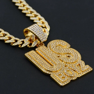 Hip hop USBOT letter pendant necklace with iced out rhinestones on gold cuban chain