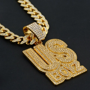 Iced out US BOY letter pendant necklace with gold plated cuban link chain for men
