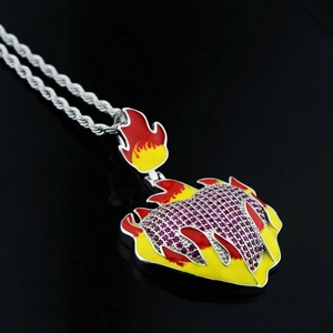 Hip Hop Burning Heart Flame Pendant Necklace Copper Micro Pave Zirconia Enamel Silver Rope Chain For Men Women Street Jewelry