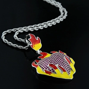 Hip hop burning heart pendant necklace with purple zircon stones and enamel flames