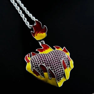 Hip hop heart flame pendant necklace with purple stones and colorful enamel on rope chain