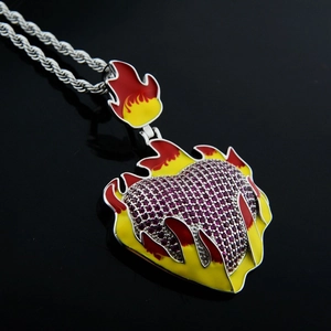 Hip hop heart flame pendant with purple zircons and red enamel on rope chain necklace