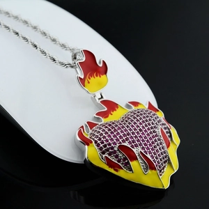 Hip hop heart flame pendant necklace with purple zircon stones and rope chain